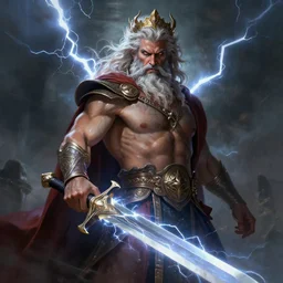 Digital painting of Zeus with a lightning sword, hyperdetailed, artstation, terrifying, cinematic lighting, 8k