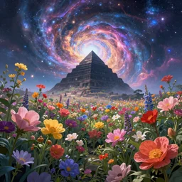 a grove of colorful flowers with an ancient black pyramid in the distance, dreamy, ethereal, eternity, cosmic, majestic, interstellar, vivid sky, digital art, airbrush, intricate, epic, depth, artstation, Jessica Rossier, Raphael Lacoste, highly detailed, stunning vista, octane render, 8k