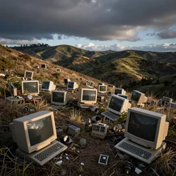 sonoma hillside bliss screensaver with many broken dilapidated old computers graveyard, wide angle lens