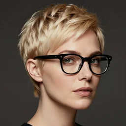 blonde pixie cut haircut woman with black framed glasses