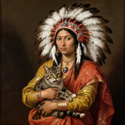 renaissance paintings of an indian women wearing sari with native american indian feather warbonnets and holding a angry cat