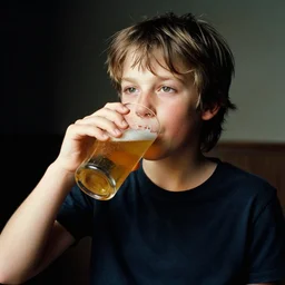portrait of a kid with an alcohol problem drinking beer, photo by annie leibovitz