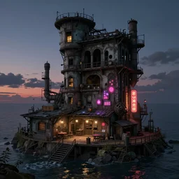 a beautiful ultradetailed rendering of tavern abandoned unfinished building industrial architecture by daniel burnham, darkacademia alien at night architecture island studio ghibli magic realism at dusk neon signs uv light steampunk otherworldly at dawn, archdaily, wallpaper, highly detailed, trending on artstation.