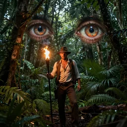 indiana jones, torch, dark tropical forest, life, sparkling spirits, detailed wide shot,  cinematic colors, ground detailed, wet eyes reflecting into eyes reflecting into infinity, beautiful lighting