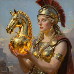 battlefield of trojan war, trojan horse, closeup portrait of eris discordia, holding an glowing! reflective gold!!! metal apple, goddess of chaos, fantasy character portrait, ultra realistic, wide angle, intricate details, artifacts, luminous skies, michael cheval, peter mohrbacher, boris vallejo, jessica rossier, oil painting, highly detailed, cinematic lighting, unreal