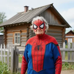 stunning photograph of ( ( granny spiderman ) ) in rural russia, izbushka, balalaike, closeup, aperture 1. 2, red blue, fighting crime