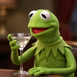 still image of kermit bond from the Kermit the frog James bond series, sipping a martini, highly detailed, professional movie, directed by Mike Hefnall, produced in 2016, moodlit