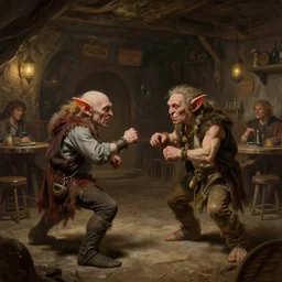 Beautiful hyperrealistic detailed matte portrait painting of a goblin rap battle in underground tavern that looks like it's from lord of the rings and bazaar by greg rutkowski, andreas rocha and john howe, and Martin Johnson Heade,featured on artstation, ultrawide angle,f16 , golden ratio, f32, well composed, cohesive