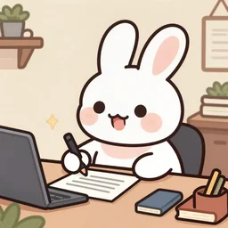 a cute happy cartoon rabbit sitting at a desk writing on a paper, llustration, josan gonzales, wlop, james jean, Victo ngai, David Rubín, Mike Mignola, Hergé, Laurie Greasley, artgerm, highly detailed, sharp focus, Trending on Artstation, HQ, deviantart