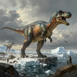 historical depiction of paleolithic antarctica when dinosaurs reigned, in the style of greg rutkowski, giorgio vasari, digital painting, unreal engine, extremely detailed masterpiece, volumetric lighting