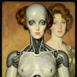 portrait of a female android, by Joseph Christian Leyendecker and Sandra Chevrier