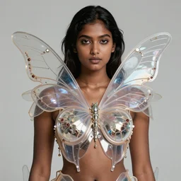a brown south asian woman wearing a butterfly armor. fragile. translucent. layers. reflective. intricate. super detailed. very coherent. face in focus. award winning. trending on artstation
