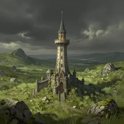 the wizard's tower in grassy ( rocky ) fields, art by tim hildebrandt, symmetry!!