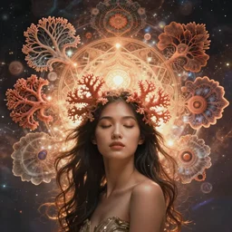 ridiculously beautiful young asian woman tripping, coral fractals radiating from head with sacred geometry, cosmic, natural, awakening, symmetrical, in the style of ernst haeckel, effervescent, warm, photo realistic, epic and cinematic