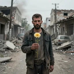 photorealistic man holding flower in the middle of war + ruins + street