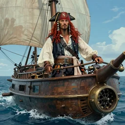 A sky-pirate with long red hair on his airship