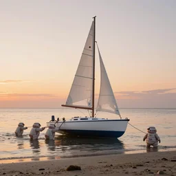 sailboat stuck on sandbar at low tide, sunset, star wars ewoks helping to push it in water, ewoks