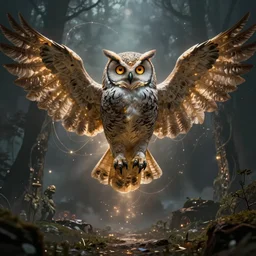the undefeatable, insurmountable, all - seeing enchanting necro - owl of time, able to control all abstractions and elude the physical world through mesmerising quantum - flight. concept art. artstation