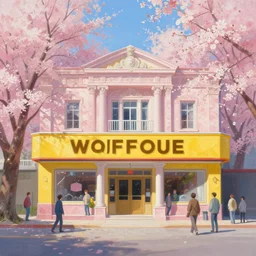 painting of a yellow waffle house front view, rococo style, greek architecture, pink marble building, sakura trees, sakura season dynamic lighting, landscape, artwork by jeremy lipkin and giuseppe dangelico pino and michael garmash and rob rey and greg manchess and huang guangjian and makoto shinkai, pixiv, 1 0 0 mm