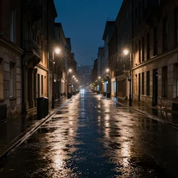 a city street at night, raining, photograph