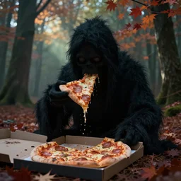 ominous fuzzy pitch black shadow creature eating pizza a maple tree forest, uncanny, vhs, creepypasta, octane render, ray - tracing, godrays, 6 k