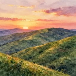hills at sunset, high quality watercolors, award winning, trending on artstation