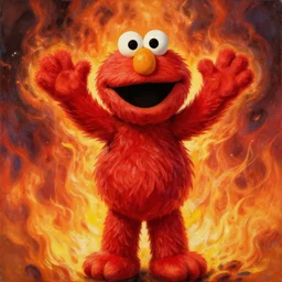 elmo holding his hands up standing in front of epic apocalyptic flames, elmo, oil painting by michael whelan, striking detail