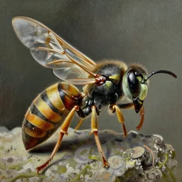 closeup of wasp, hdr, intricate details, by Zdzislaw Beksinski, boris vallejo, giger, highly detailed, soft lighting, film grain, medium format, 8k resolution, oil on canvas