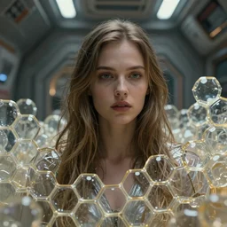 portrait of a beautiful woman in midst of transparent clear see - through honeycombs. spaceship environment, dramatic lighting, ultra realistic, highly detailed, concept art, photorealistic, octane render, 8 k, unreal engine. art by gustave dore, art by boris vallejo, art by julie bell, art by christopher marley, art by artgerm