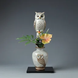 an owl ikebana vase, japanese ikebana flower arrangement, summer, owl motif, glazed clay, traditional japanese pottery, zen,