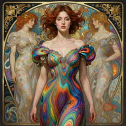 portrait of a beautiful woman wearing a kaleidoscopic psychedelic dress, fantasy, intricate, elegant, highly detailed, digital painting, artstation, concept art, smooth, 8 k, sharp focus, illustration, art by artgerm and greg rutkowski and alphonse mucha