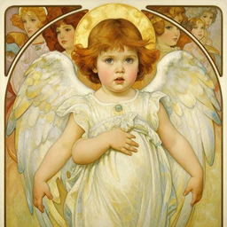 realistic detailed painting of a 2 1 - year old girl who resembles millie bobby brown and saoirse ronan, as an angel with a golden halo, by alphonse mucha, ayami kojima amano, charlie bowater, karol bak, greg hildebrandt