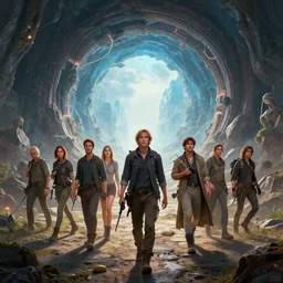 an epic scene, characters art, time traveling adventure, highly detailed, concept art, realistic, magical portal, perfect composition, trending on artstation
