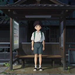 dark city bus stop, Miyazaki tekkonkintreet Teikoku Shounen style, amazing Traditional Japanese style, very detailed,ArtStation