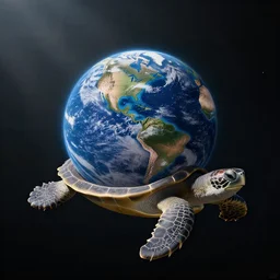 flat, disk-shaped Earth sitting on the shell of a giant turtle, floating in space, photo taken from space,