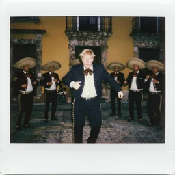 Polaroid photo of Boris Johnson in Mexico dancing with mariachi group mariachi mariachi