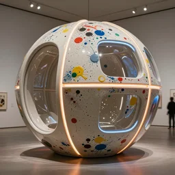 a massive generative design structured ceramic futuristic pod with paint splatters all over it, neon lighting, art installation, museum