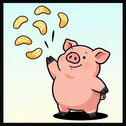 drawing pig throwing potato chips in the air comic book art