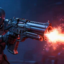 cyberpunk big gun firing from barrel, detail, atmospheric lighting, painted, intricate, red and blue hour, ultra detailed by peter gric, giger, enki bilal