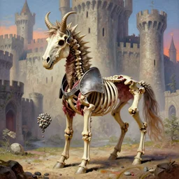 A little vibrant. A spiked horned detailed horse skeleton with armored joints stands in a large castle with a pebble in hands and toes. Wearing massive shoulderplates. Extremely high details, realistic, fantasy art, solo, masterpiece, bones, ripped flesh, colorful art by Zdzisław Beksiński, Arthur Rackham, Dariusz Zawadzki, Harry Clarke