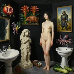 realistic painting of a luxurious female artist's bathroom, black dripping walls, tall emo girl, stone sculpture, a pig, a samurai, paintings on black walls, pomegranate, bromeliads, tusks, octopus, courgettes, berries, zen, sensual, surrealist painting by magritte and rousseau and kahlo