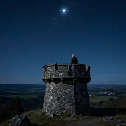 old man sitting in a stone watchtower overlooking a valley, night sky, polaris, the north star, the pole star, 8 k, trending on artstation, artgerm, by hieronymus bosch, highly detailed, ultra detailed,