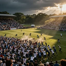 a huge mosh - pit breaks out on the field of a football game