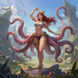 league of legends hearthstone splash art, portrait of woman sorceress wearing a bikini that is two octopuses, full body shot, rule of thirds, action pose, amazing beautiful landscape in background, fantasy, sci - fi, art by chengwei pan and huang guangjian and viktoria gavrilenko and artgerm and greg rutkowski, 8 k, octane, intricately detailed, highly detailed, trending on artstation
