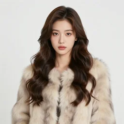 a young woman with long and wavy dark brown hair wearing a fur coat is holding a pure white Siberian cat on a purple couch in a living room with antiques on the wall