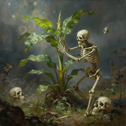 painting of a plant animating and controlling the bones of the dead. fantasy art.