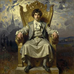 richard ayoade sits on his throne as ruler of countdown, oil on canvas, by alphonse mucha, gustave dore, zdzislaw beksinski