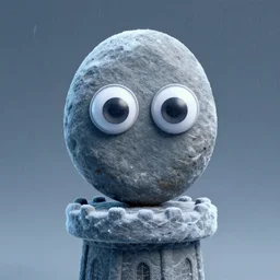 a stone with googly eyes, detailed 3 d render, on top of a tower, in an ice storm, rough shading