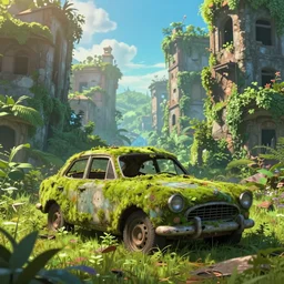 a abandoned ruined and mossy car in the middle of a ruined city with buildings full of nature, pixar and disney style, ghibli studio, masterpiece, high quality, highly detailed, high coherence, path traced, bloom, godrays crossing the scene, complementary colors, apocaliptic ambient, beautiful, elegant, breathtaking landscape, cute