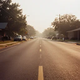 Southern us street, heat ripples, brown colors, light haze, 500mm f 8, film stock, documentary